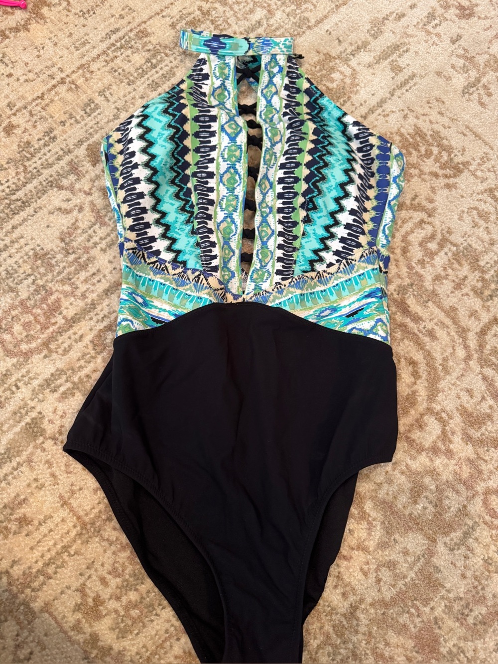 Gottex Multicolor Halter One-Piece Swimsuit with Black Bottom. Size 8.
